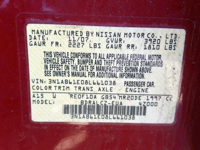 3N1AB61E08L661038 - 2008 NISSAN SENTRA 2.0 RED photo 10