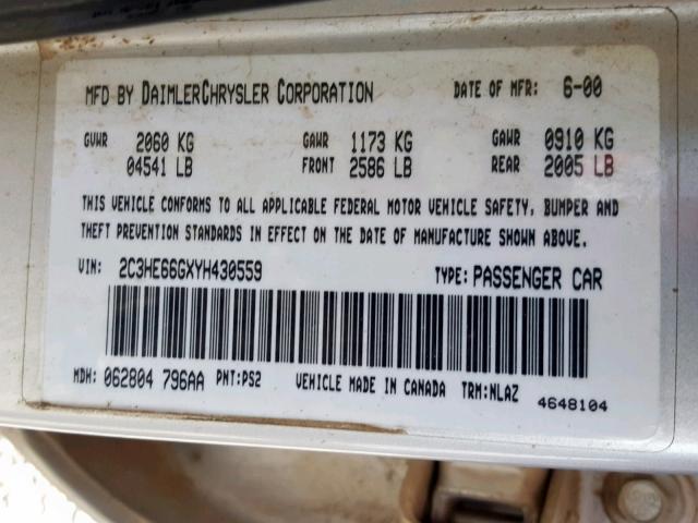 2C3HE66GXYH430559 - 2000 CHRYSLER 300M SILVER photo 10