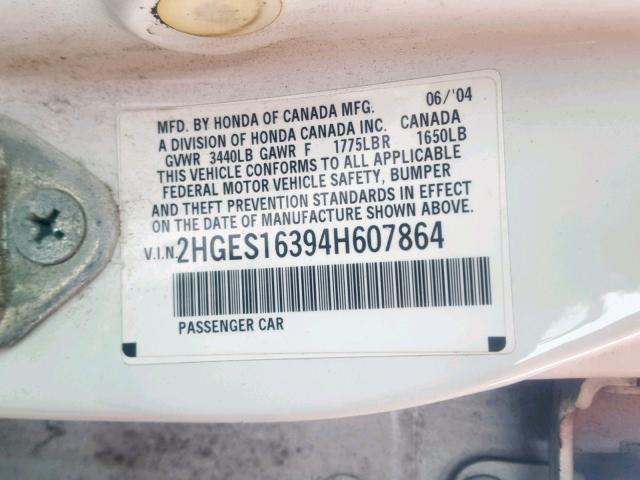 2HGES16394H607864 - 2004 HONDA CIVIC DX V WHITE photo 10