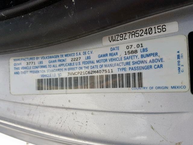 3VWCP21C62M407511 - 2002 VOLKSWAGEN NEW BEETLE ვერცხლისფერი ფოტო 10