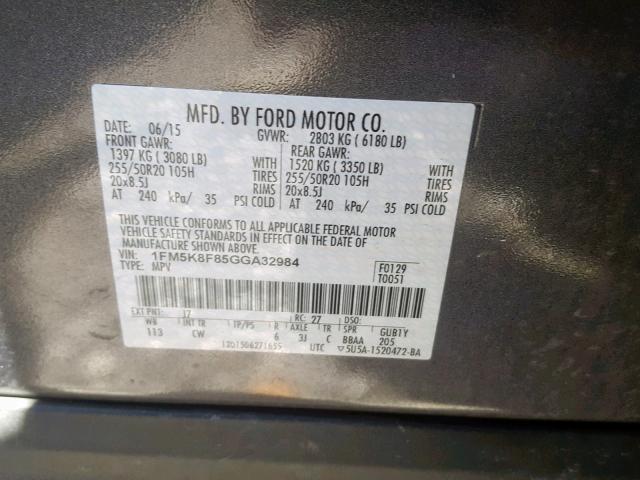 1FM5K8F85GGA32984 - 2016 FORD EXPLORER L GRAY photo 10