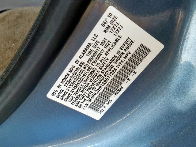 5FNRL3H91AB077224 - 2010 HONDA ODYSSEY TO BLUE photo 10