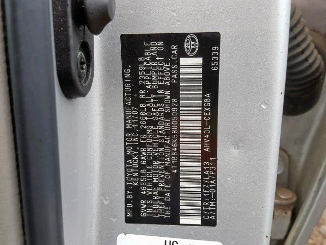 4T1BB46K58U050928 - 2008 TOYOTA CAMRY HYBR SILVER photo 10