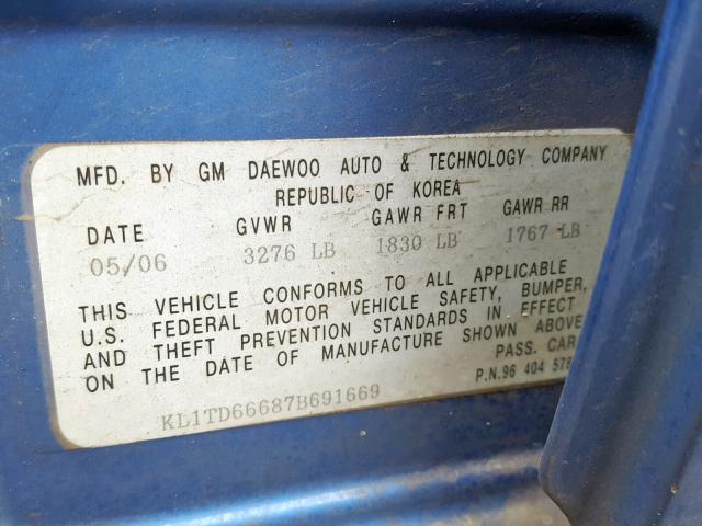 KL1TD66687B691669 - 2007 CHEVROLET AVEO BASE Көк фото 10