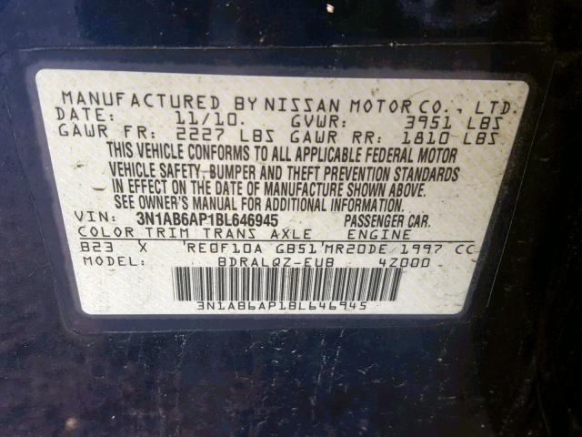 3N1AB6AP1BL646945 - 2011 NISSAN SENTRA 2.0 BLUE photo 10