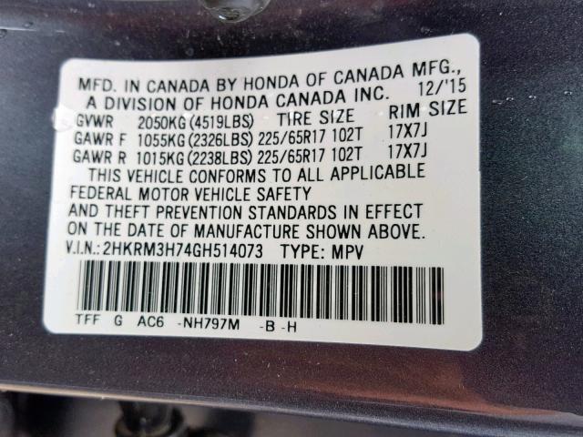 2HKRM3H74GH514073 - 2016 HONDA CR-V EXL GRAY photo 10