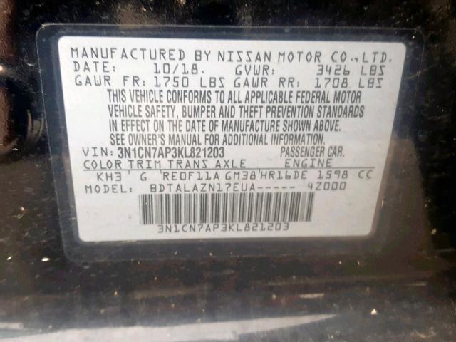 3N1CN7AP3KL821203 - 2019 NISSAN VERSA S BLACK photo 10