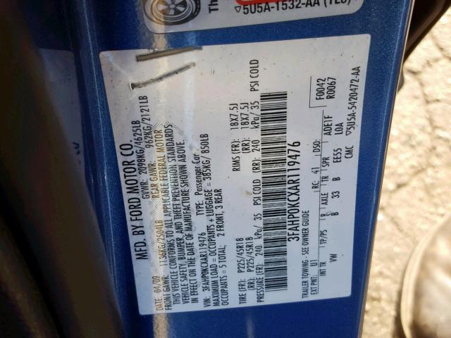 3FAHP0KCXAR119476 - 2010 FORD FUSION SPO BLUE photo 10