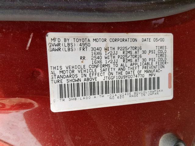 JT6GF10U9Y0074770 - 2000 LEXUS RX 300 BURGUNDY photo 10