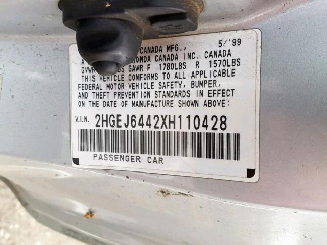 2HGEJ6442XH110428 - 1999 HONDA CIVIC DX GRAY photo 10