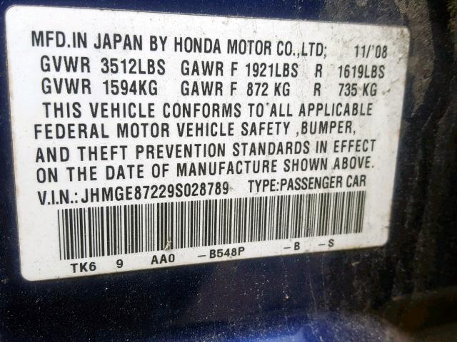 JHMGE87229S028789 - 2009 HONDA FIT BLUE photo 10