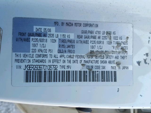 JM3ER293970106792 - 2007 MAZDA CX-7 WHITE photo 10