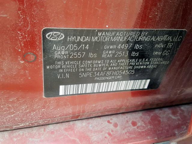 5NPE34AF8FH054505 - 2015 HYUNDAI SONATA SPO MAROON photo 10