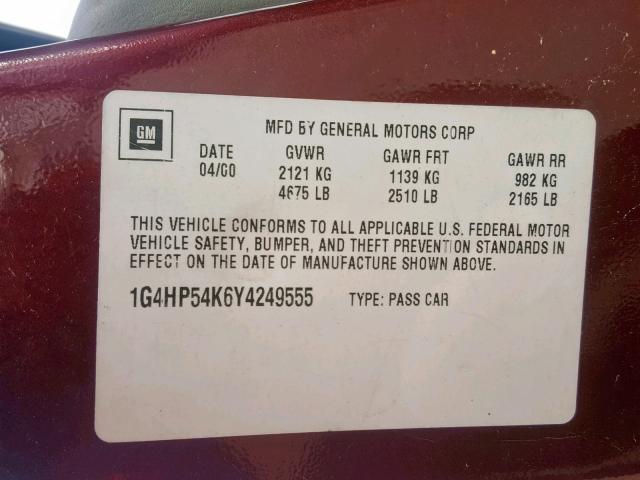 1G4HP54K6Y4249555 - 2000 BUICK LESABRE CU RED photo 10