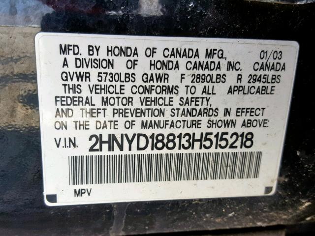 2HNYD18813H515218 - 2003 ACURA MDX TOURIN BLACK photo 10