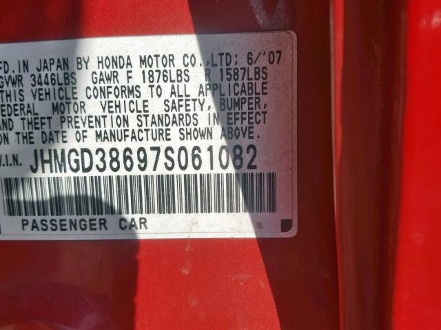 JHMGD38697S061082 - 2007 HONDA FIT S RED photo 10