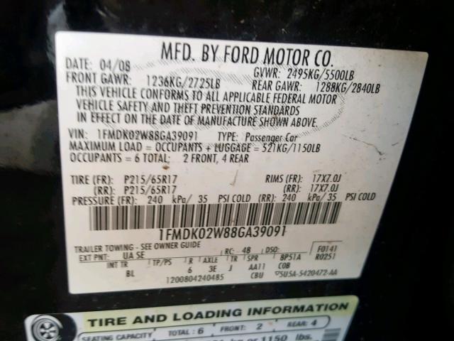 1FMDK02W88GA39091 - 2008 FORD TAURUS X S BLACK photo 10