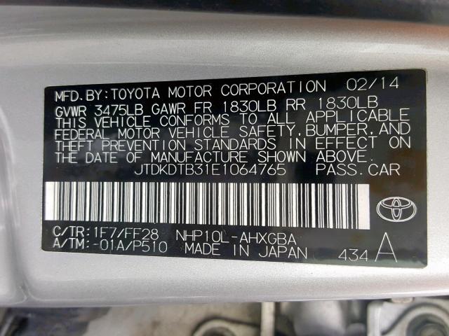 JTDKDTB31E1064765 - 2014 TOYOTA PRIUS C SILVER photo 10