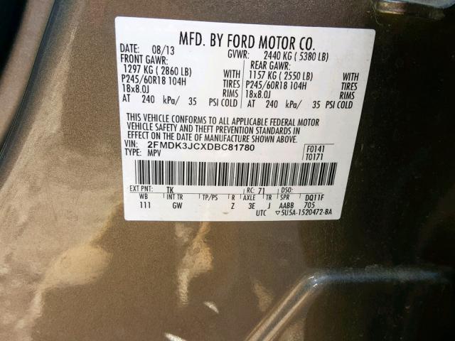 2FMDK3JCXDBC81780 - 2013 FORD EDGE SEL GRAY photo 10