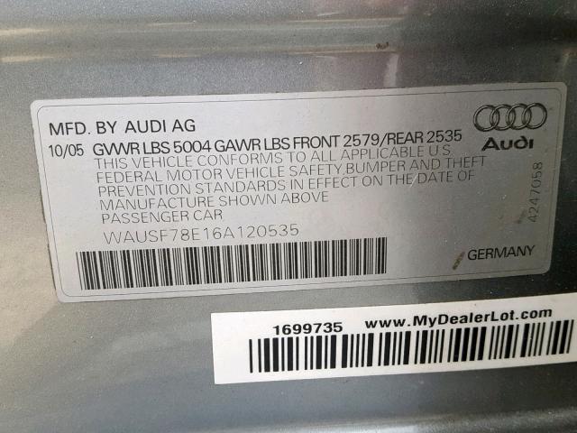 WAUSF78E16A120535 - 2006 AUDI A4 S-LINE GRAY photo 10