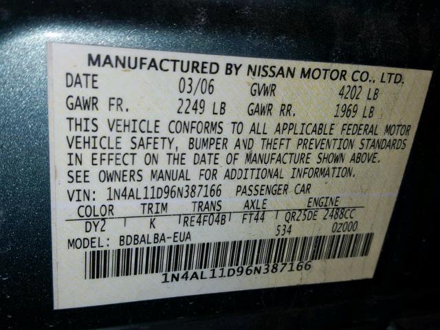 1N4AL11D96N387166 - 2006 NISSAN ALTIMA S GREEN photo 10