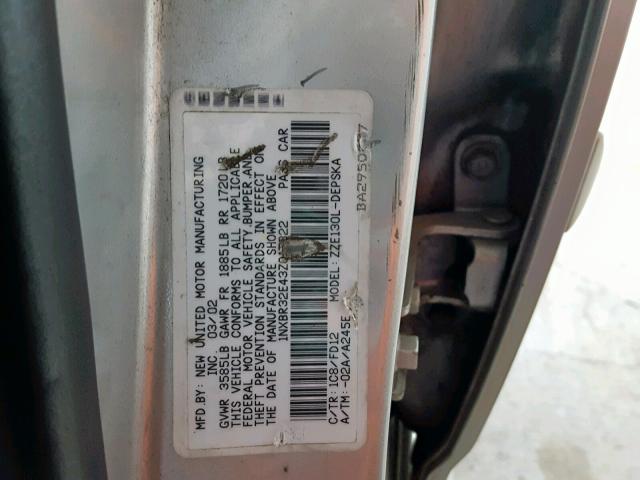 1NXBR32E43Z017322 - 2003 TOYOTA COROLLA CE SILVER photo 10