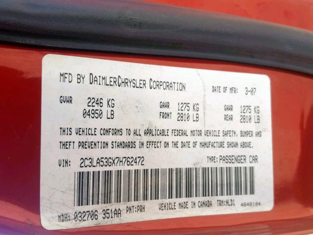 2C3LA53GX7H762472 - 2007 CHRYSLER 300 TOURIN RED photo 10