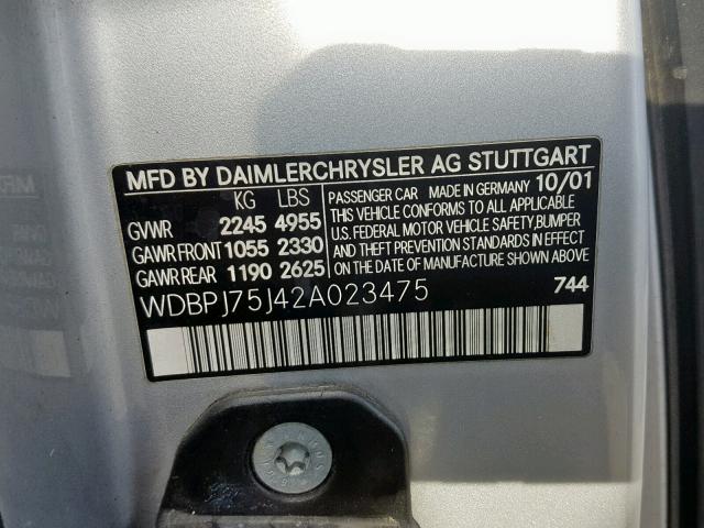 WDBPJ75J42A023475 - 2002 MERCEDES-BENZ CL 500 SILVER photo 10