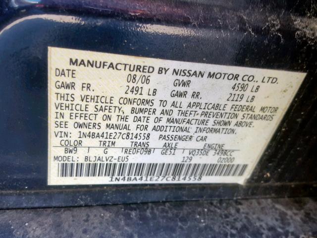 1N4BA41E27C814558 - 2007 NISSAN MAXIMA SE BLUE photo 10