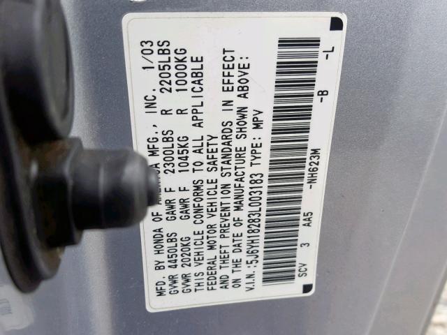 5J6YH18283L003183 - 2003 HONDA ELEMENT DX GRAY photo 10