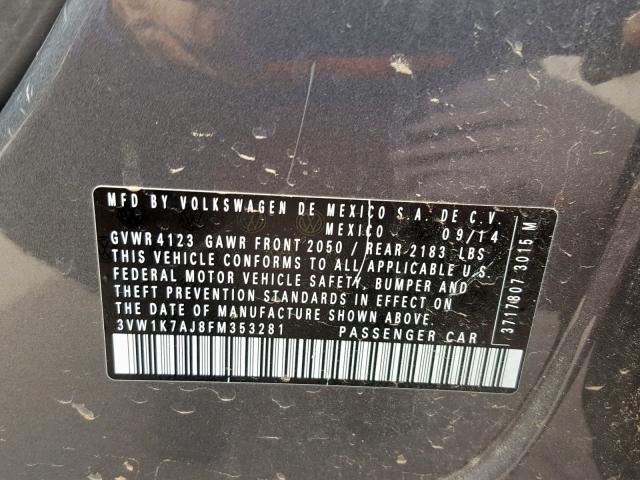 3VW1K7AJ8FM353281 - 2015 VOLKSWAGEN JETTA BASE 灰色 照片 10