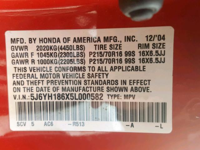 5J6YH186X5L000582 - 2005 HONDA ELEMENT EX RED photo 10