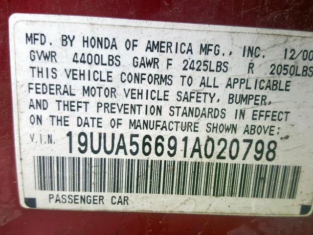 19UUA56691A020798 - 2001 ACURA 3.2TL RED photo 10