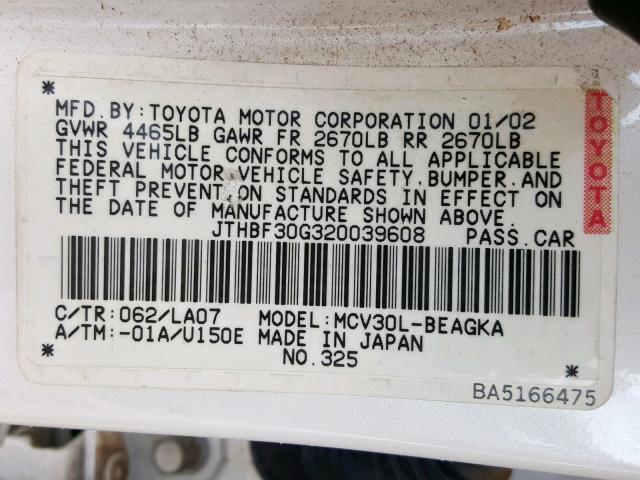 JTHBF30G320039608 - 2002 LEXUS ES 300 WHITE photo 10