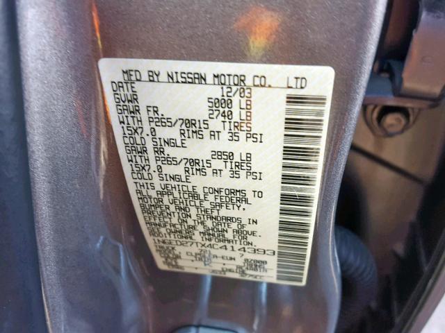 1N6ED27TX4C414393 - 2004 NISSAN FRONTIER C GRAY photo 10