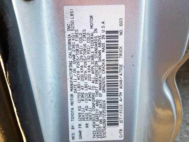 5TETU62NX7Z359024 - 2007 TOYOTA TACOMA PRE SILVER photo 10