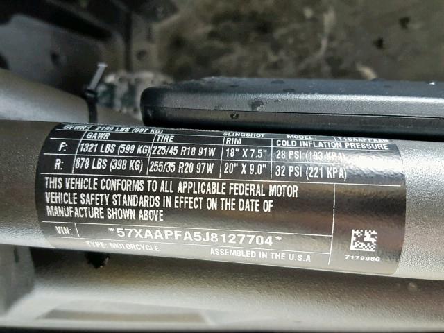 57XAAPFA5J8127704 - 2018 POLARIS SLINGSHOT BLUE photo 10