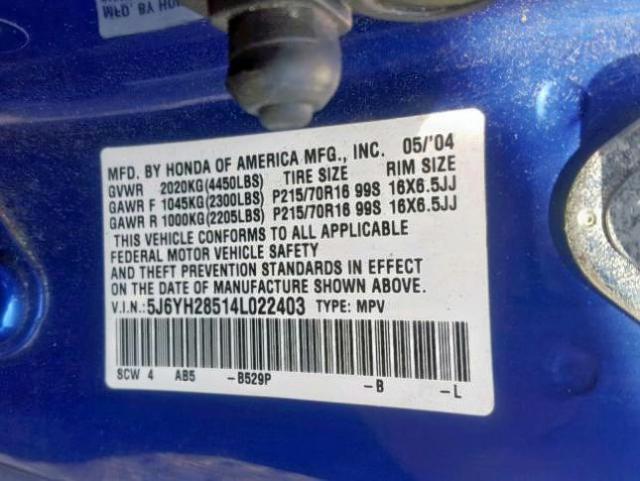 5J6YH28514L022403 - 2004 HONDA ELEMENT EX BLUE photo 10