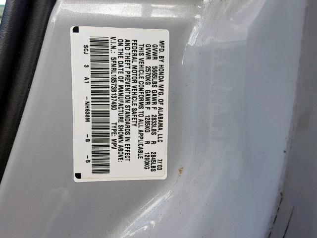 5FNRL18573B137480 - 2003 HONDA ODYSSEY LX SILVER photo 10