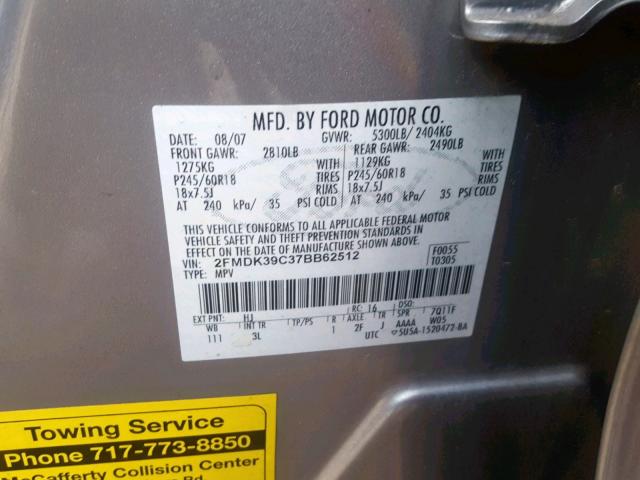 2FMDK39C37BB62512 - 2007 FORD EDGE SEL P SILVER photo 10