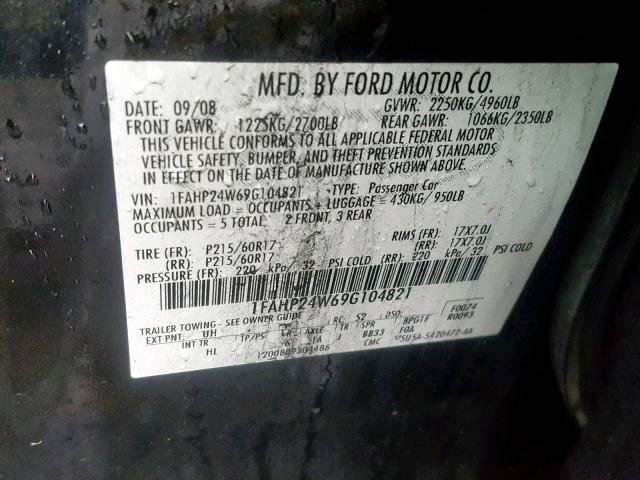 1FAHP24W69G104821 - 2009 FORD TAURUS SEL BLACK photo 10