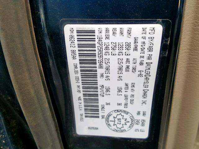 1B4GP25R92B726408 - 2002 DODGE CARAVAN SE BLUE photo 10