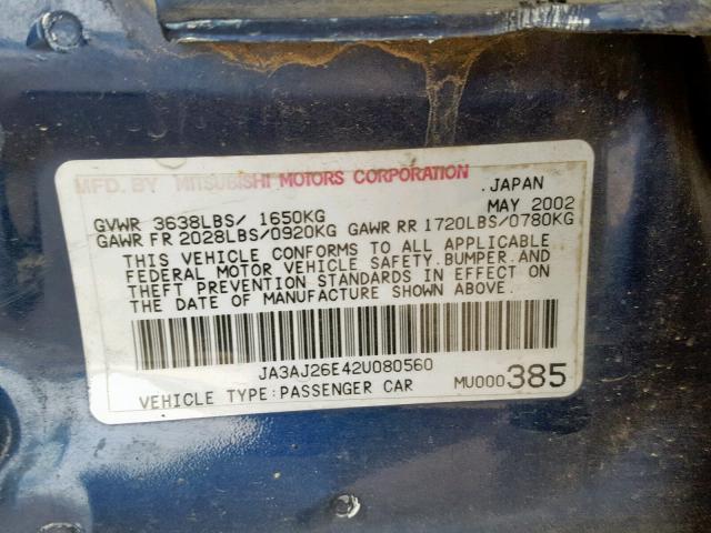 JA3AJ26E42U080560 - 2002 MITSUBISHI LANCER ES BLUE photo 10