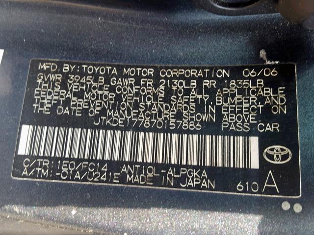 JTKDE177870157886 - 2007 TOYOTA SCION TC ნაცრისფერი ფოტო 10