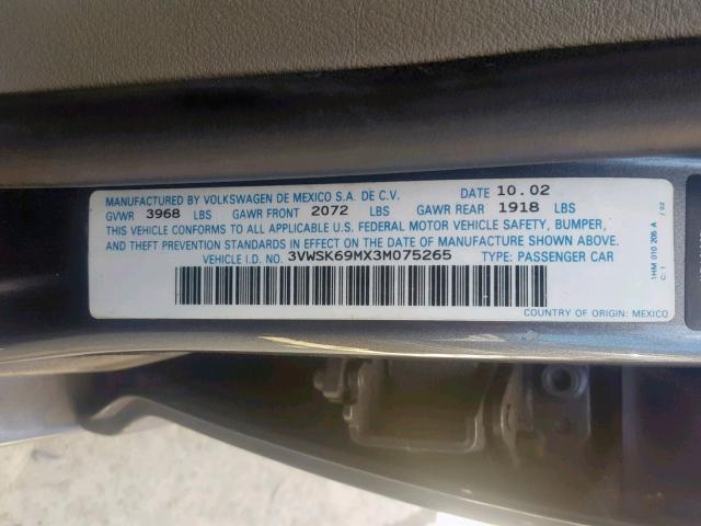 3VWSK69MX3M075265 - 2003 VOLKSWAGEN JETTA GLS GRAY photo 10