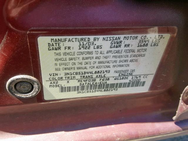 3N1CB51D44L882193 - 2004 NISSAN SENTRA 1.8 BURGUNDY photo 10