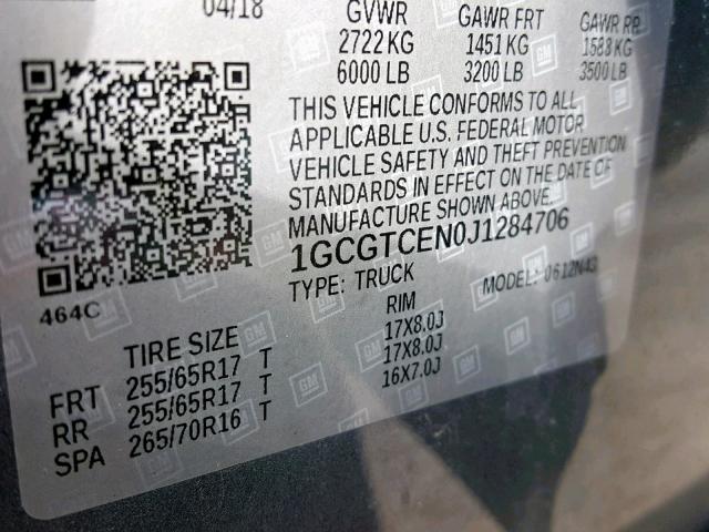 1GCGTCEN0J1284706 - 2018 CHEVROLET COLORADO L GRAY photo 10