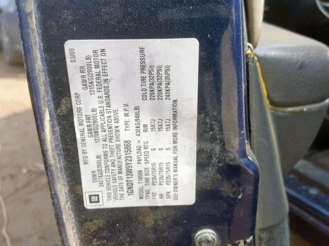 1GNDT13W9Y2315868 - 2000 CHEVROLET BLAZER BLUE photo 10