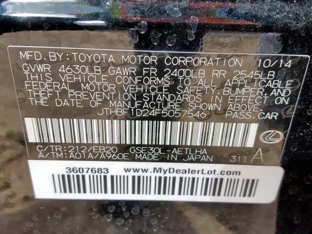 JTHBF1D24F5057546 - 2015 LEXUS IS 250 BLACK photo 10