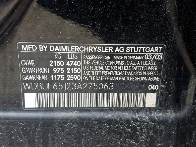 WDBUF65J23A275063 - 2003 MERCEDES-BENZ E 320 BLACK photo 10